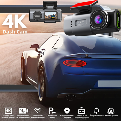 Camera Auto Dubla de bord 4k – 2160p Full HD, VisionHub®, WIFI + GPS, G-Senzor Reglabil, Aplicatie pe Telefon, Night Vision, Inregistrare in bucla, Unghi Larg 170°, Instructiuni voce, Ecran IPS 2, 0 Inch, DVR cu Camera Fata 4k + Spate 1080p inclusa, Negru