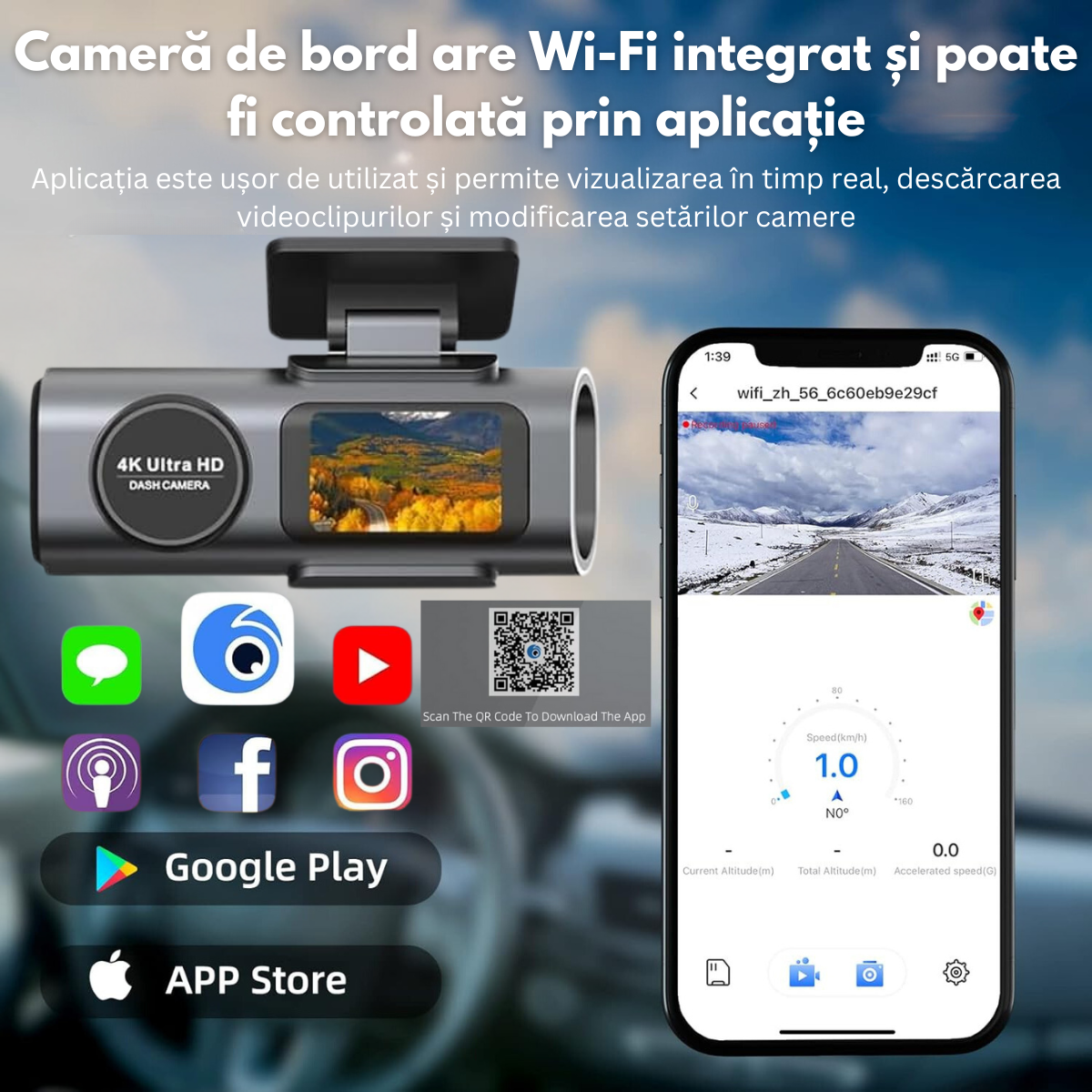 Camera Auto Dubla de bord 4k – 2160p Full HD, VisionHub®, WIFI + GPS, G-Senzor Reglabil, Aplicatie pe Telefon, Night Vision, Inregistrare in bucla, Unghi Larg 170°, Instructiuni voce, Ecran IPS 2, 0 Inch, DVR cu Camera Fata 4k + Spate 1080p inclusa, Negru