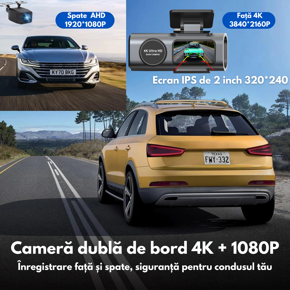 Camera Auto Dubla de bord 4k – 2160p Full HD, VisionHub®, WIFI + GPS, G-Senzor Reglabil, Aplicatie pe Telefon, Night Vision, Inregistrare in bucla, Unghi Larg 170°, Instructiuni voce, Ecran IPS 2, 0 Inch, DVR cu Camera Fata 4k + Spate 1080p inclusa, Negru