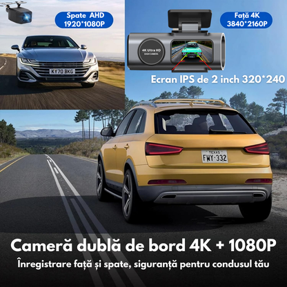 Camera Auto Dubla de bord 4k – 2160p Full HD, VisionHub®, WIFI + GPS, G-Senzor Reglabil, Aplicatie pe Telefon, Night Vision, Inregistrare in bucla, Unghi Larg 170°, Instructiuni voce, Ecran IPS 2, 0 Inch, DVR cu Camera Fata 4k + Spate 1080p inclusa, Negru