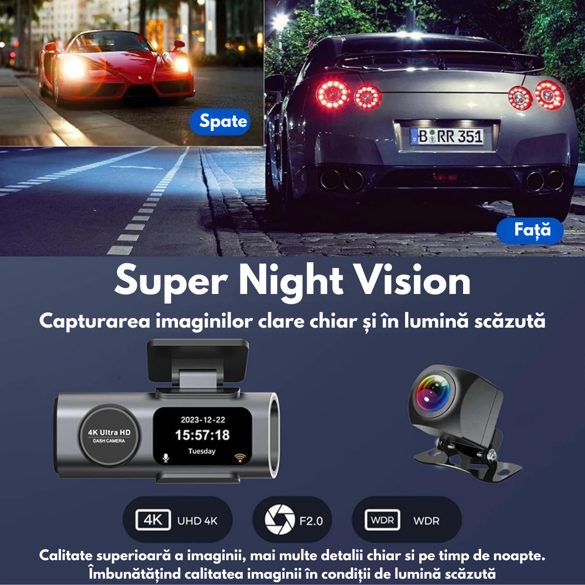 Camera Auto Dubla de bord 4k – 2160p Full HD, VisionHub®, WIFI + GPS, G-Senzor Reglabil, Aplicatie pe Telefon, Night Vision, Inregistrare in bucla, Unghi Larg 170°, Instructiuni voce, Ecran IPS 2, 0 Inch, DVR cu Camera Fata 4k + Spate 1080p inclusa, Negru