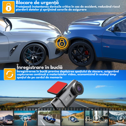 Camera Auto Dubla de bord 4k – 2160p Full HD, VisionHub®, WIFI + GPS, G-Senzor Reglabil, Aplicatie pe Telefon, Night Vision, Inregistrare in bucla, Unghi Larg 170°, Instructiuni voce, Ecran IPS 2, 0 Inch, DVR cu Camera Fata 4k + Spate 1080p inclusa, Negru