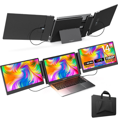 Expandable and Portable Laptop Monitor, Visionhub®, 14-inch FHD 1080P IPS Screen Extender, for 13-inch to 17-inch Laptops, 360-Degree Foldable, Tri-Screen Compatible with iOS, Android, Windows, Mac, with USB-C and HDMI Ports, Plug & Play