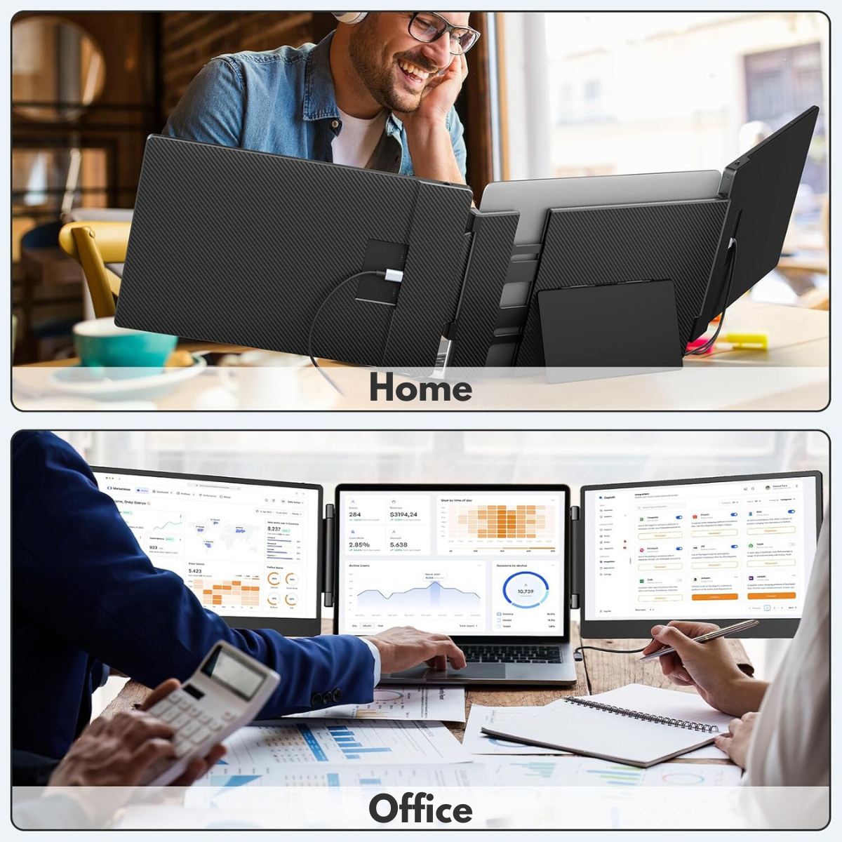 Expandable and Portable Laptop Monitor, Visionhub®, 14-inch FHD 1080P IPS Screen Extender, for 13-inch to 17-inch Laptops, 360-Degree Foldable, Tri-Screen Compatible with iOS, Android, Windows, Mac, with USB-C and HDMI Ports, Plug & Play