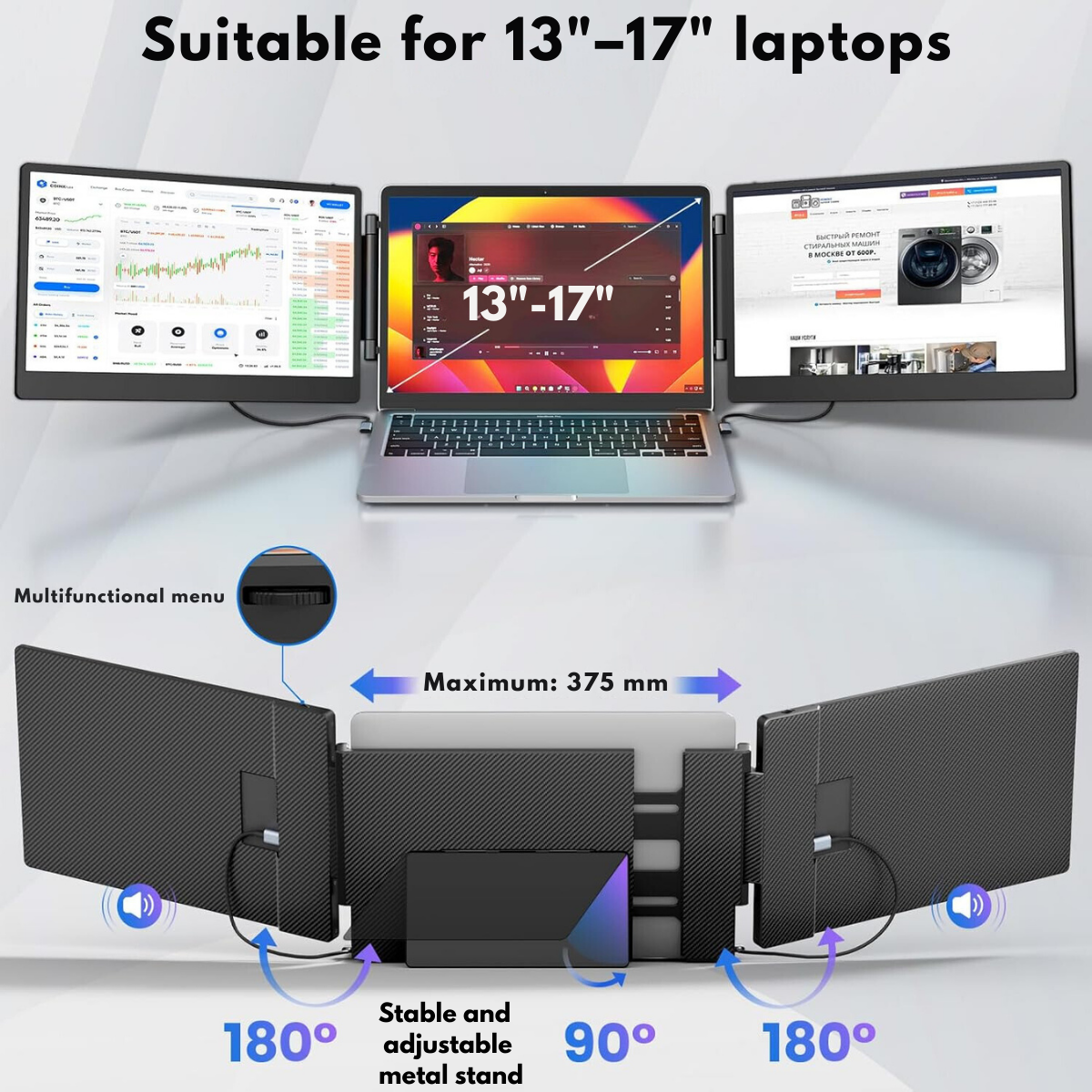 Expandable and Portable Laptop Monitor, Visionhub®, 14-inch FHD 1080P IPS Screen Extender, for 13-inch to 17-inch Laptops, 360-Degree Foldable, Tri-Screen Compatible with iOS, Android, Windows, Mac, with USB-C and HDMI Ports, Plug & Play