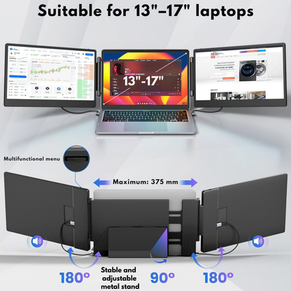 Expandable and Portable Laptop Monitor, Visionhub®, 14-inch FHD 1080P IPS Screen Extender, for 13-inch to 17-inch Laptops, 360-Degree Foldable, Tri-Screen Compatible with iOS, Android, Windows, Mac, with USB-C and HDMI Ports, Plug & Play