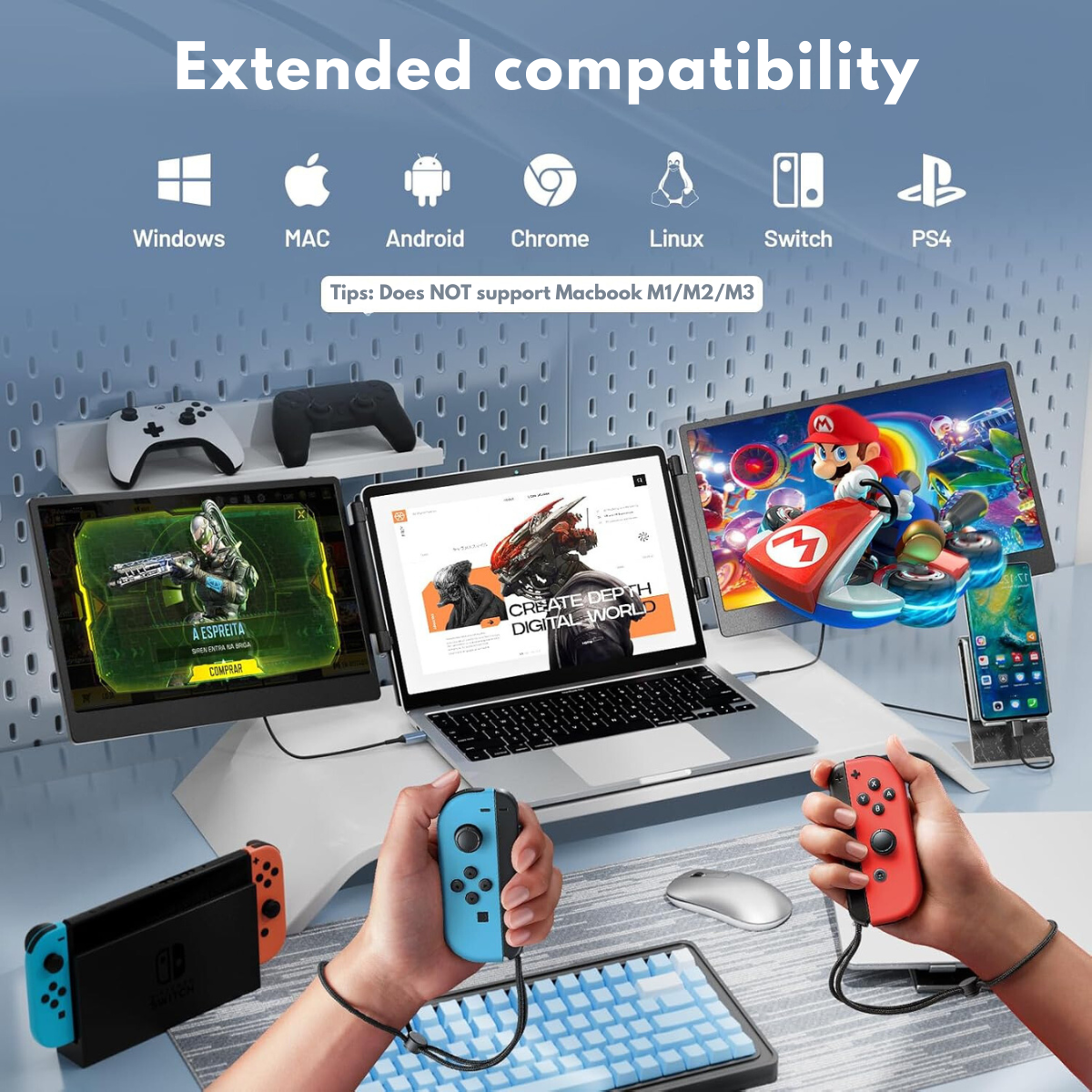 Expandable and Portable Laptop Monitor, Visionhub®, 14-inch FHD 1080P IPS Screen Extender, for 13-inch to 17-inch Laptops, 360-Degree Foldable, Tri-Screen Compatible with iOS, Android, Windows, Mac, with USB-C and HDMI Ports, Plug & Play