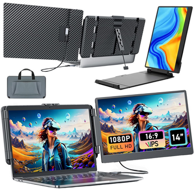 Expandable and Portable Laptop Monitor, VisionHub®, 14-inch FHD 1080P IPS Screen Extender, for 13-inch to 17-inch Laptops, 360-Degree Foldable, Dual-Screen Compatible with iOS, Android, Windows, Mac, with USB-C and HDMI Ports, Plug & Play