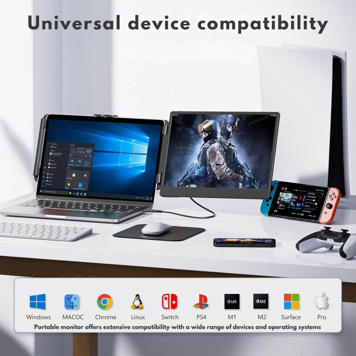 Expandable and Portable Laptop Monitor, VisionHub®, 14-inch FHD 1080P IPS Screen Extender, for 13-inch to 17-inch Laptops, 360-Degree Foldable, Dual-Screen Compatible with iOS, Android, Windows, Mac, with USB-C and HDMI Ports, Plug & Play