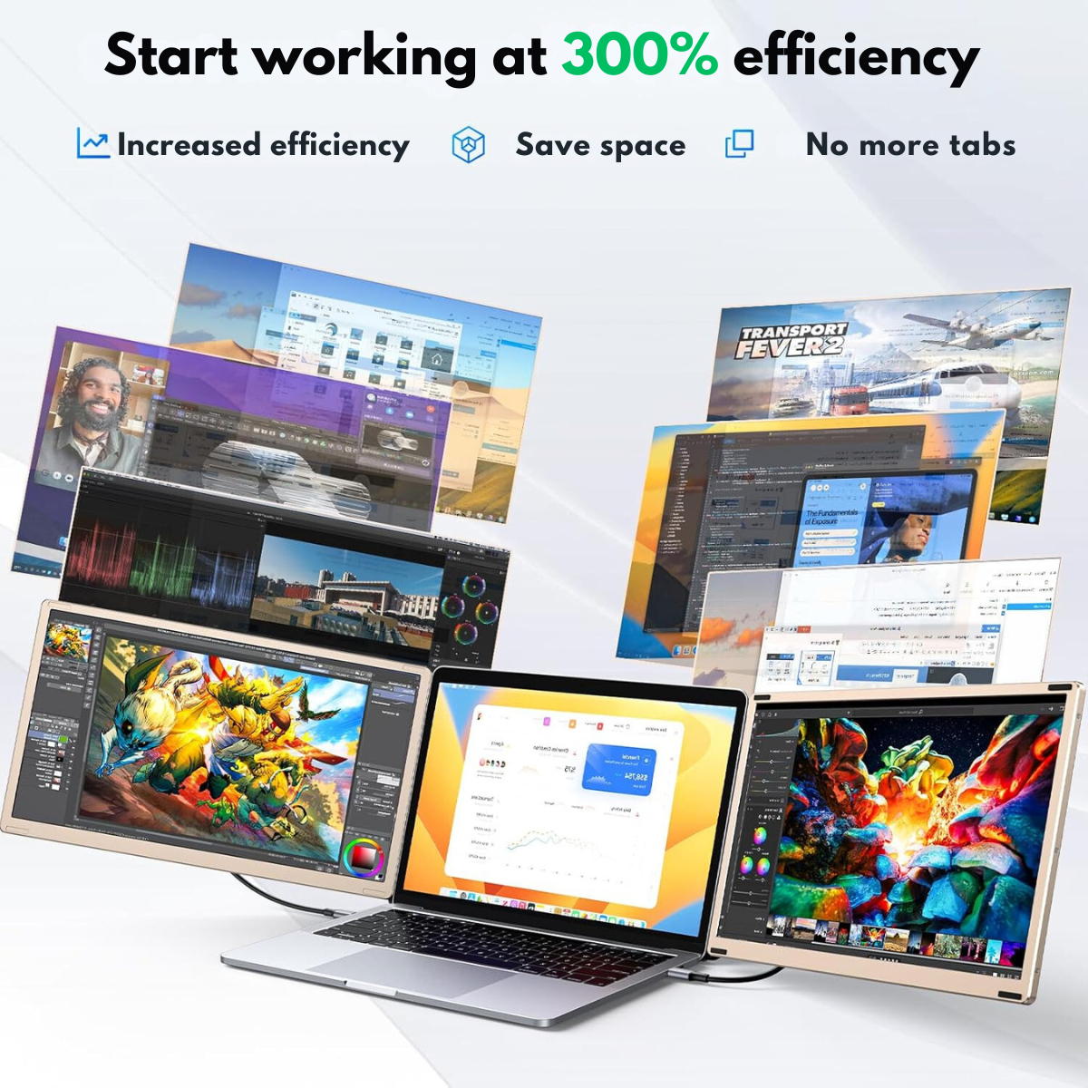Triple Screen Extender for 13"-17.3" Laptops, 15.6" Full HD 1080P IPS Display, VisionHub®, Compatible with Windows/Mac/Linux, Portable and Multifunctional Design, USB-C and Mini HDMI Ports, Plug & Play