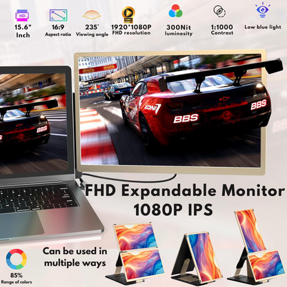 Triple Screen Extender for 13"-17.3" Laptops, 15.6" Full HD 1080P IPS Display, VisionHub®, Compatible with Windows/Mac/Linux, Portable and Multifunctional Design, USB-C and Mini HDMI Ports, Plug & Play