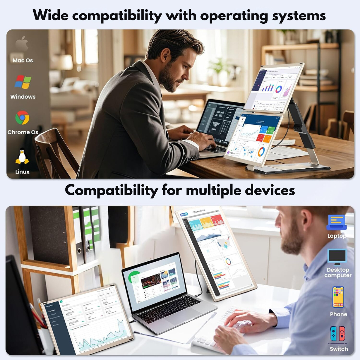 Triple Screen Extender for 13"-17.3" Laptops, 15.6" Full HD 1080P IPS Display, VisionHub®, Compatible with Windows/Mac/Linux, Portable and Multifunctional Design, USB-C and Mini HDMI Ports, Plug & Play