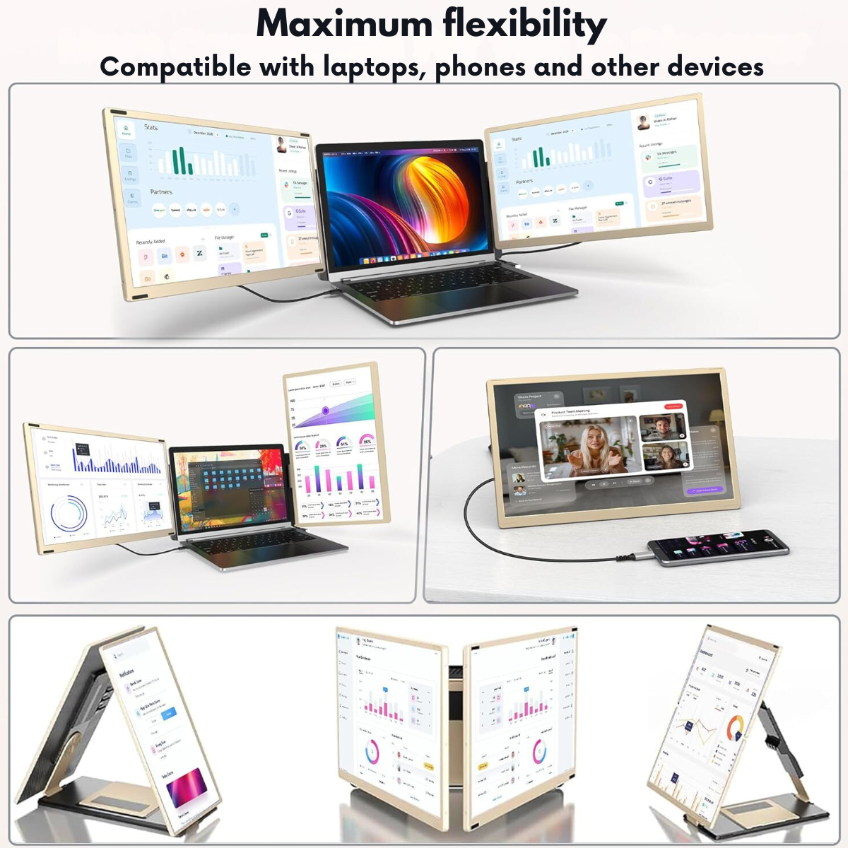 Triple Screen Extender for 13"-17.3" Laptops, 15.6" Full HD 1080P IPS Display, VisionHub®, Compatible with Windows/Mac/Linux, Portable and Multifunctional Design, USB-C and Mini HDMI Ports, Plug & Play