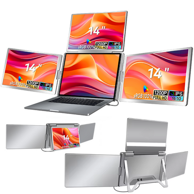 Quad-Screen Expandable and Portable for Laptop, 3 x 14" Full HD 1200P Screens, 100% sRGB, Foldable and Rotatable 360°, Compatible with 13"-17.3" Laptops, Windows and macOS, Complete Workstation for Multitasking