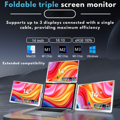 Quad-Screen Expandable and Portable for Laptop, 3 x 14" Full HD 1200P Screens, 100% sRGB, Foldable and Rotatable 360°, Compatible with 13"-17.3" Laptops, Windows and macOS, Complete Workstation for Multitasking