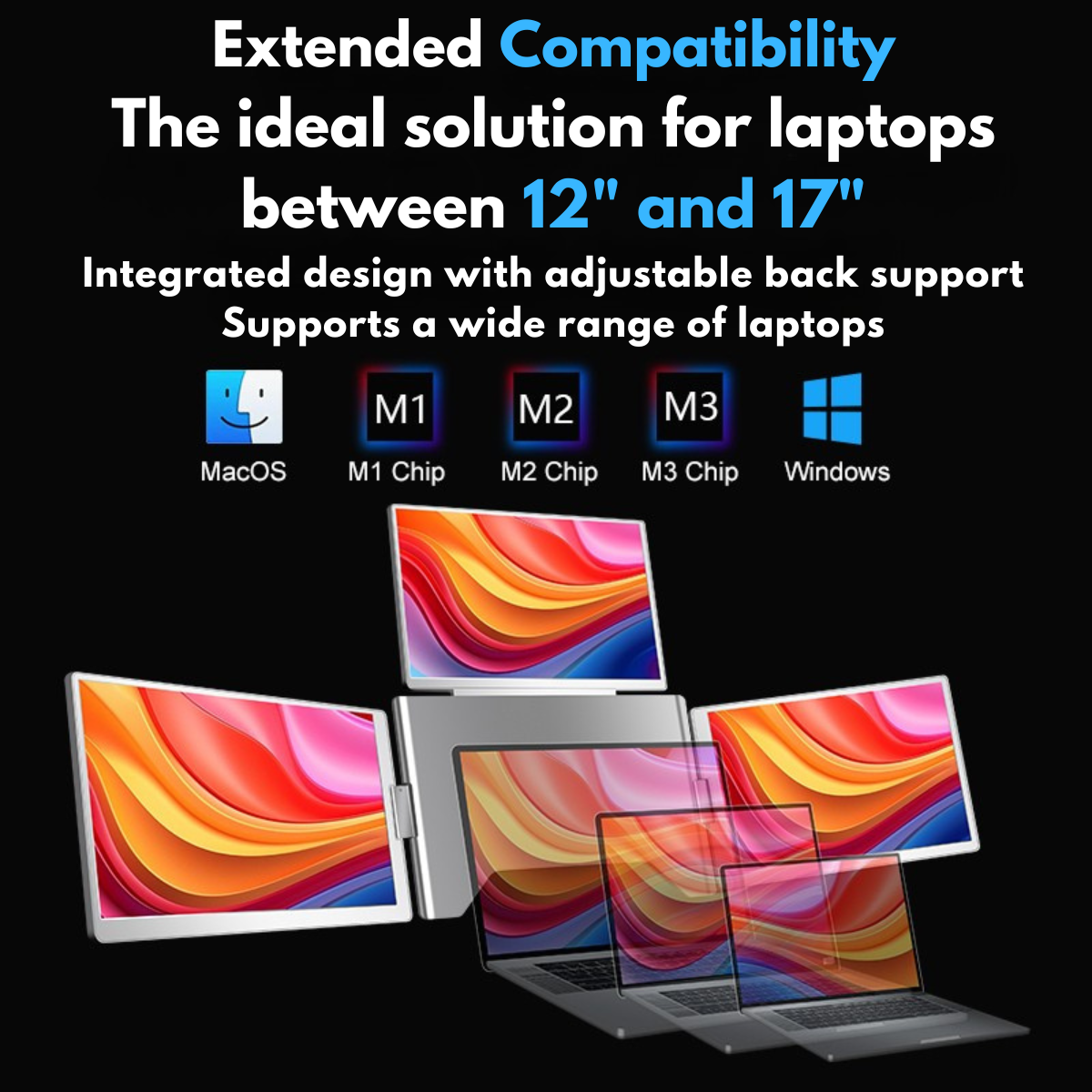 Quad-Screen Expandable and Portable for Laptop, 3 x 14" Full HD 1200P Screens, 100% sRGB, Foldable and Rotatable 360°, Compatible with 13"-17.3" Laptops, Windows and macOS, Complete Workstation for Multitasking