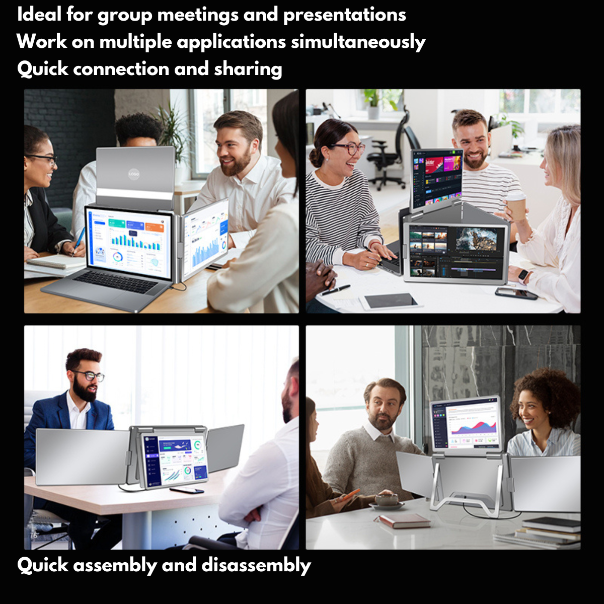 Quad-Screen Expandable and Portable for Laptop, 3 x 14" Full HD 1200P Screens, 100% sRGB, Foldable and Rotatable 360°, Compatible with 13"-17.3" Laptops, Windows and macOS, Complete Workstation for Multitasking