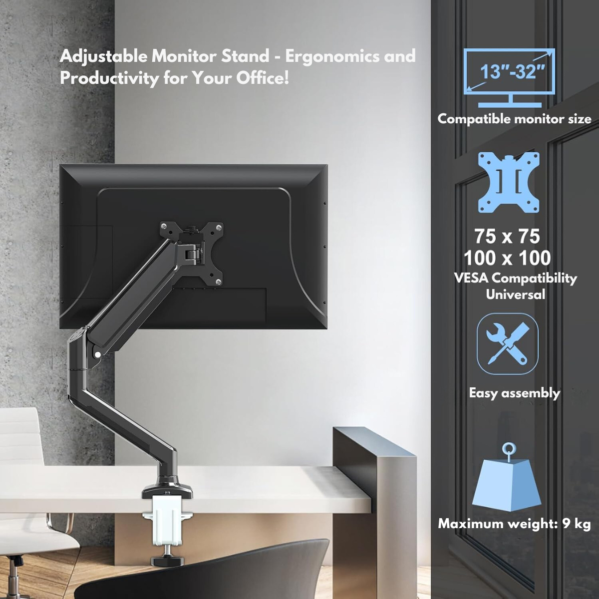 Monitor Stand for Desk, Multifunctional with Adjustable Arm, Included Mounting Bracket, Compatible with 13"-32" Screens, Up to 9kg, Cable Organizer, VESA 100x100/75x75, Clamp/Screw Mounting on Desk, Elegant and Modern Design, Black