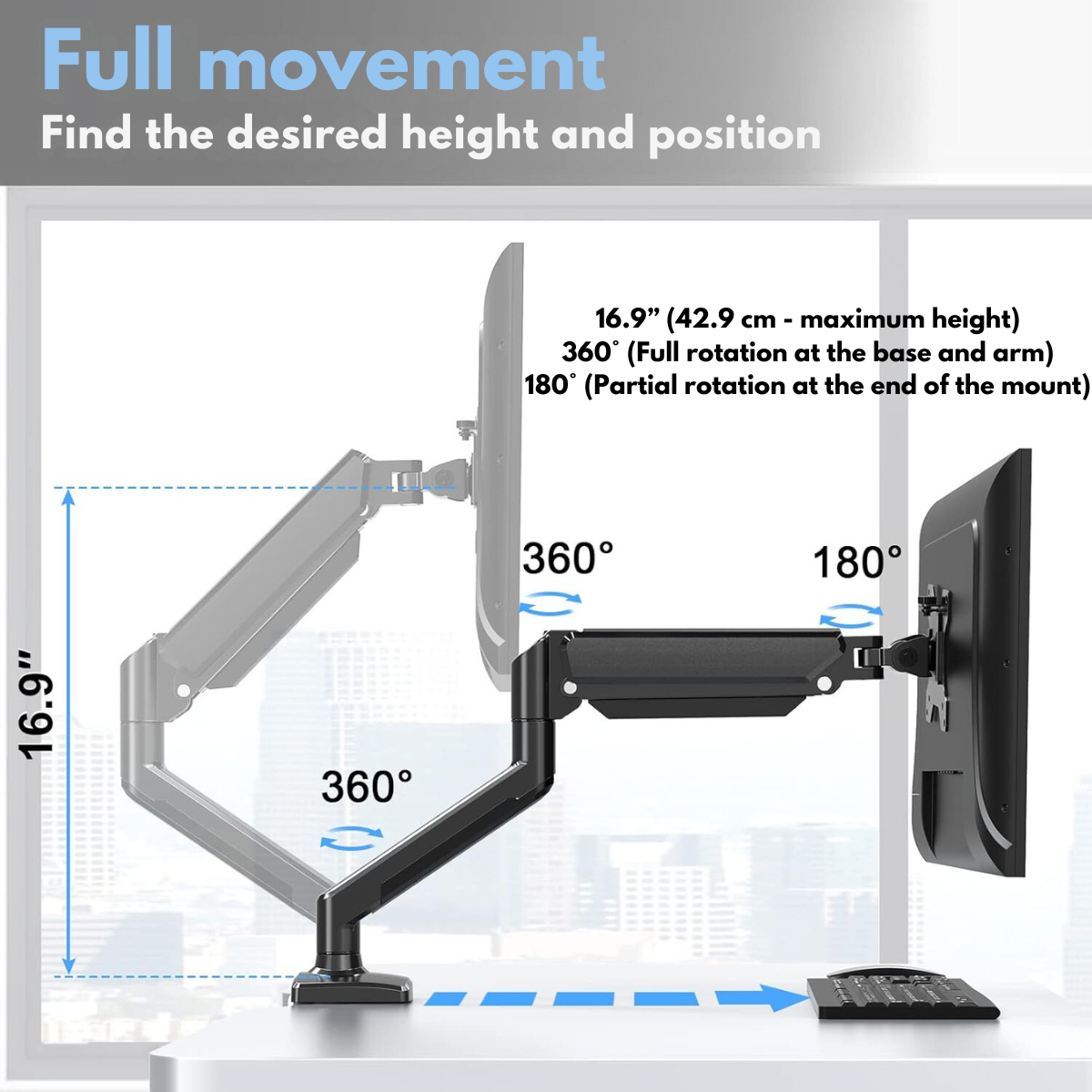 Monitor Stand for Desk, Multifunctional with Adjustable Arm, Included Mounting Bracket, Compatible with 13"-32" Screens, Up to 9kg, Cable Organizer, VESA 100x100/75x75, Clamp/Screw Mounting on Desk, Elegant and Modern Design, Black