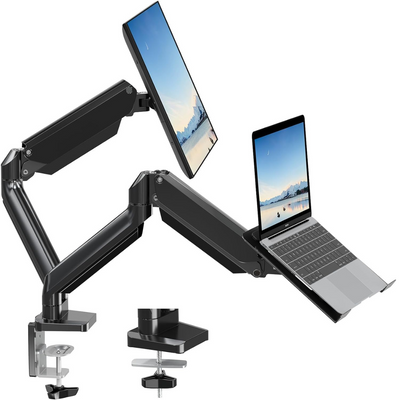 Dual Monitor Stand for Desk, Multifunctional with Adjustable Dual Arm, Included Laptop Stand, Compatible with 17"-32" Screens, Up to 9 kg, Cable Management Organizer, VESA 100x100/75x75, Clamp/Screw Mounting on Desk, Elegant and Modern Design, Black