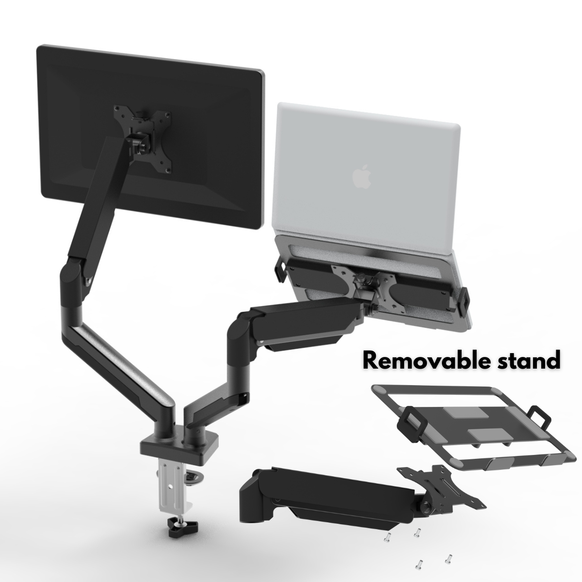 Dual Monitor Stand for Desk, Multifunctional with Adjustable Dual Arm, Included Laptop Stand, Compatible with 17"-32" Screens, Up to 9 kg, Cable Management Organizer, VESA 100x100/75x75, Clamp/Screw Mounting on Desk, Elegant and Modern Design, Black