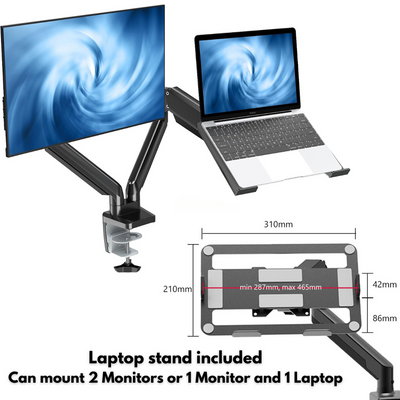 Dual Monitor Stand for Desk, Multifunctional with Adjustable Dual Arm, Included Laptop Stand, Compatible with 17"-32" Screens, Up to 9 kg, Cable Management Organizer, VESA 100x100/75x75, Clamp/Screw Mounting on Desk, Elegant and Modern Design, Black