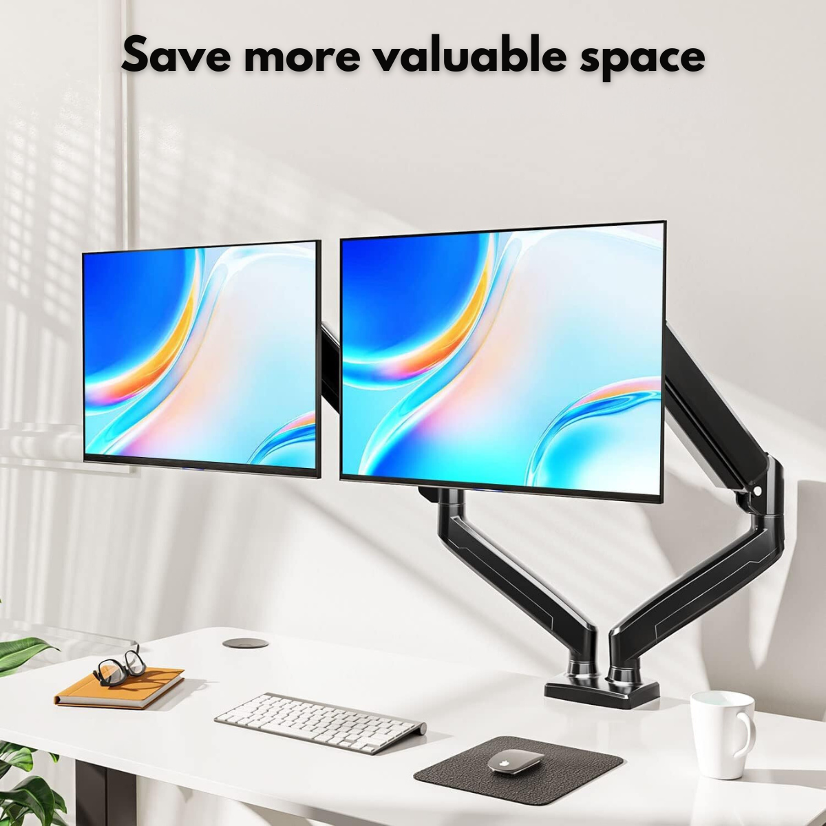 Dual Monitor Stand for Desk, Multifunctional with Adjustable Dual Arm, Included Laptop Stand, Compatible with 17"-32" Screens, Up to 9 kg, Cable Management Organizer, VESA 100x100/75x75, Clamp/Screw Mounting on Desk, Elegant and Modern Design, Black