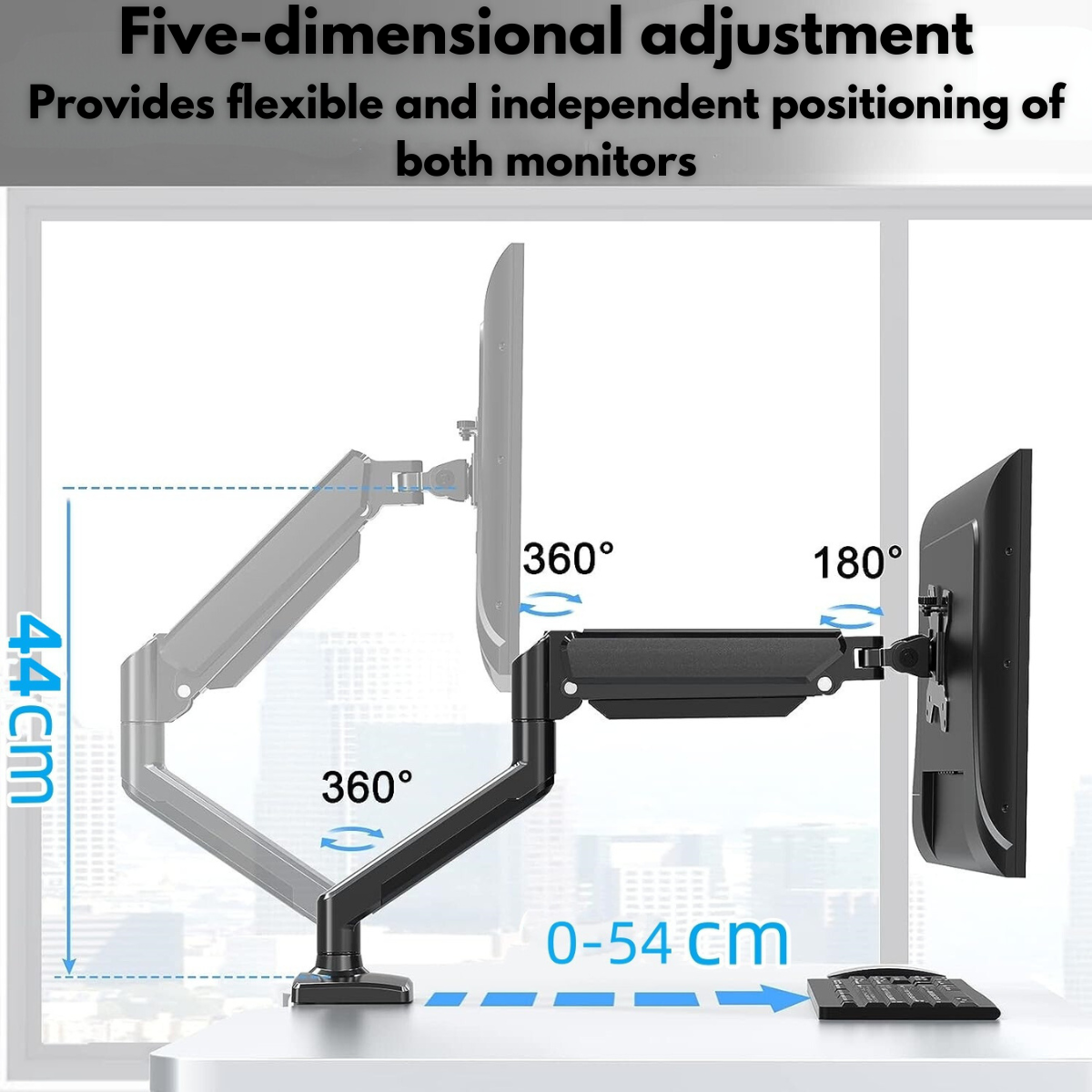 Dual Monitor Stand for Desk, Multifunctional with Adjustable Dual Arm, Included Laptop Stand, Compatible with 17"-32" Screens, Up to 9 kg, Cable Management Organizer, VESA 100x100/75x75, Clamp/Screw Mounting on Desk, Elegant and Modern Design, Black