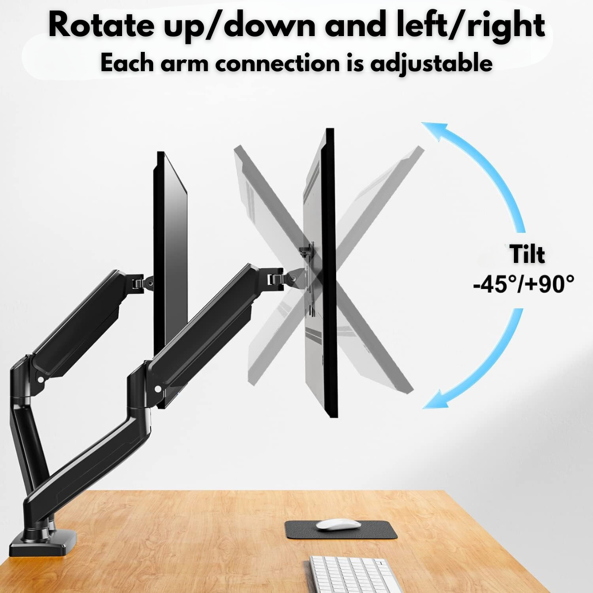 Dual Monitor Stand for Desk, Multifunctional with Adjustable Dual Arm, Included Laptop Stand, Compatible with 17"-32" Screens, Up to 9 kg, Cable Management Organizer, VESA 100x100/75x75, Clamp/Screw Mounting on Desk, Elegant and Modern Design, Black
