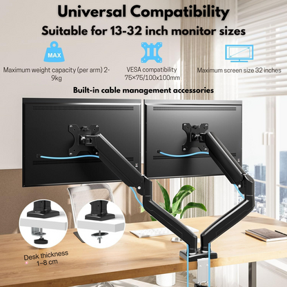 Dual Monitor Stand for Desk, Multifunctional with Adjustable Dual Arm, Included Laptop Stand, Compatible with 17"-32" Screens, Up to 9 kg, Cable Management Organizer, VESA 100x100/75x75, Clamp/Screw Mounting on Desk, Elegant and Modern Design, Black