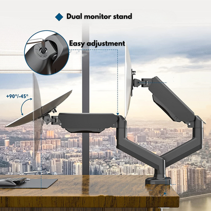 Dual Monitor Stand for Desk, Multifunctional with Adjustable Dual Arm, Included Laptop Stand, Compatible with 17"-32" Screens, Up to 9 kg, Cable Management Organizer, VESA 100x100/75x75, Clamp/Screw Mounting on Desk, Elegant and Modern Design, Black