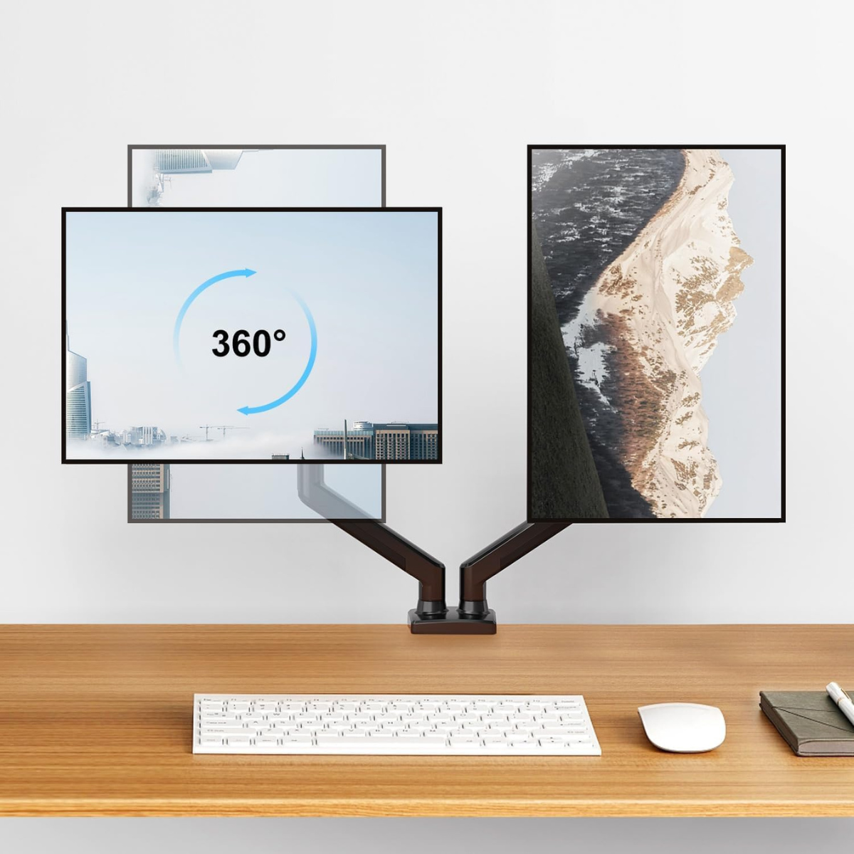 Dual Monitor Stand for Desk, Multifunctional with Adjustable Dual Arm, Included Laptop Stand, Compatible with 17"-32" Screens, Up to 9 kg, Cable Management Organizer, VESA 100x100/75x75, Clamp/Screw Mounting on Desk, Elegant and Modern Design, Black