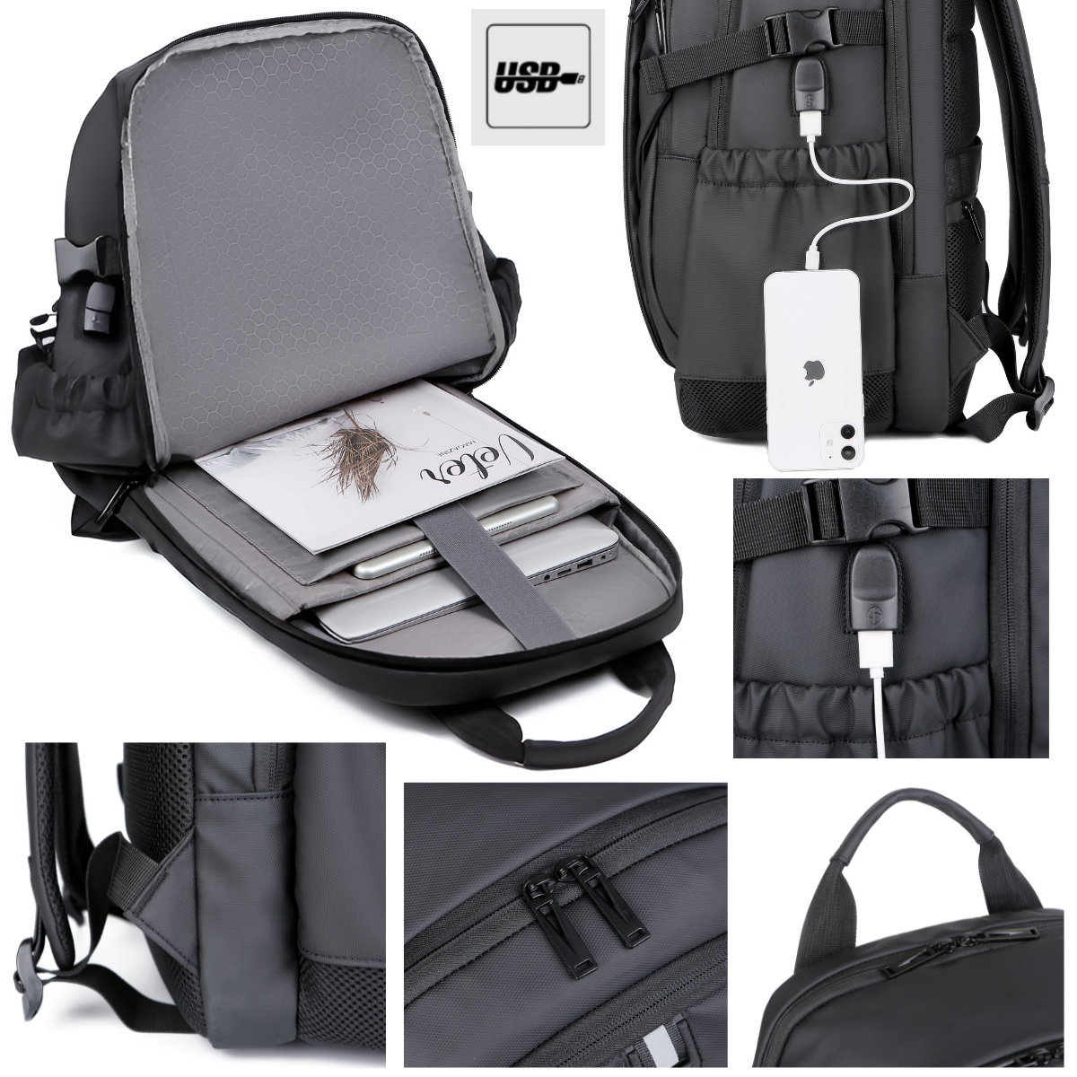 Rucsac Laptop 17 Inch, Multifunctional - Smart Business, Rezistent la apa, pentru Calatorie - Compatibil Cabina Avion, Ghiozdan cu port de incarcare USB VisionHub®, Buzunare multiple, Capacitate mare, 46x30x23 CM, Gri