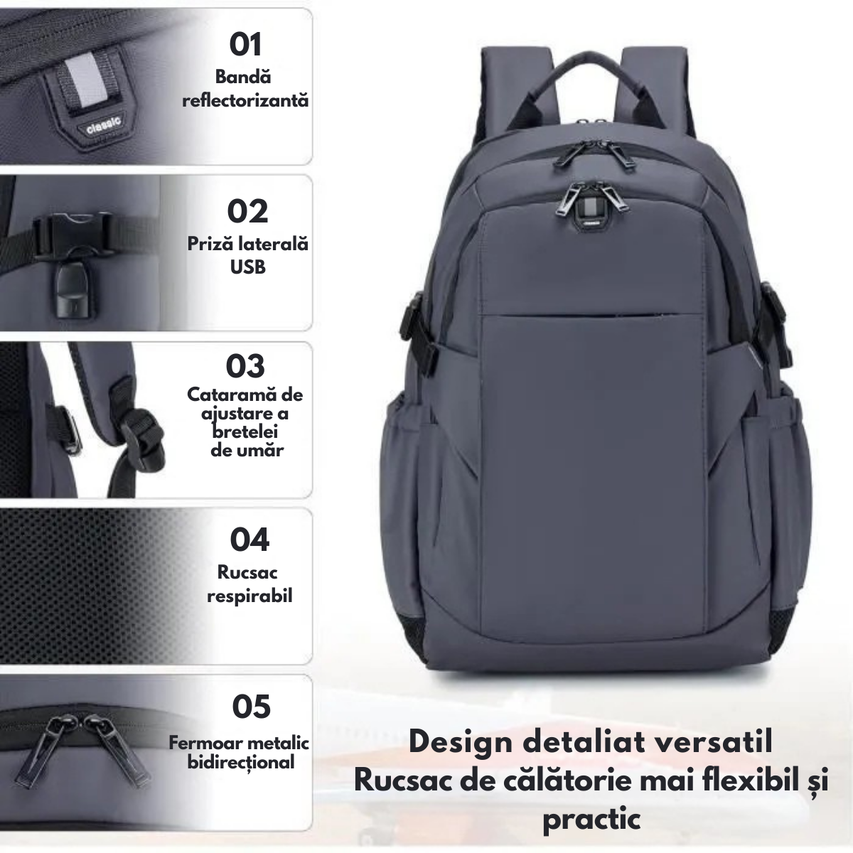 Rucsac Laptop 17 Inch, Multifunctional - Smart Business, Rezistent la apa, pentru Calatorie - Compatibil Cabina Avion, Ghiozdan cu port de incarcare USB VisionHub®, Buzunare multiple, Capacitate mare, 46x30x23 CM, Gri
