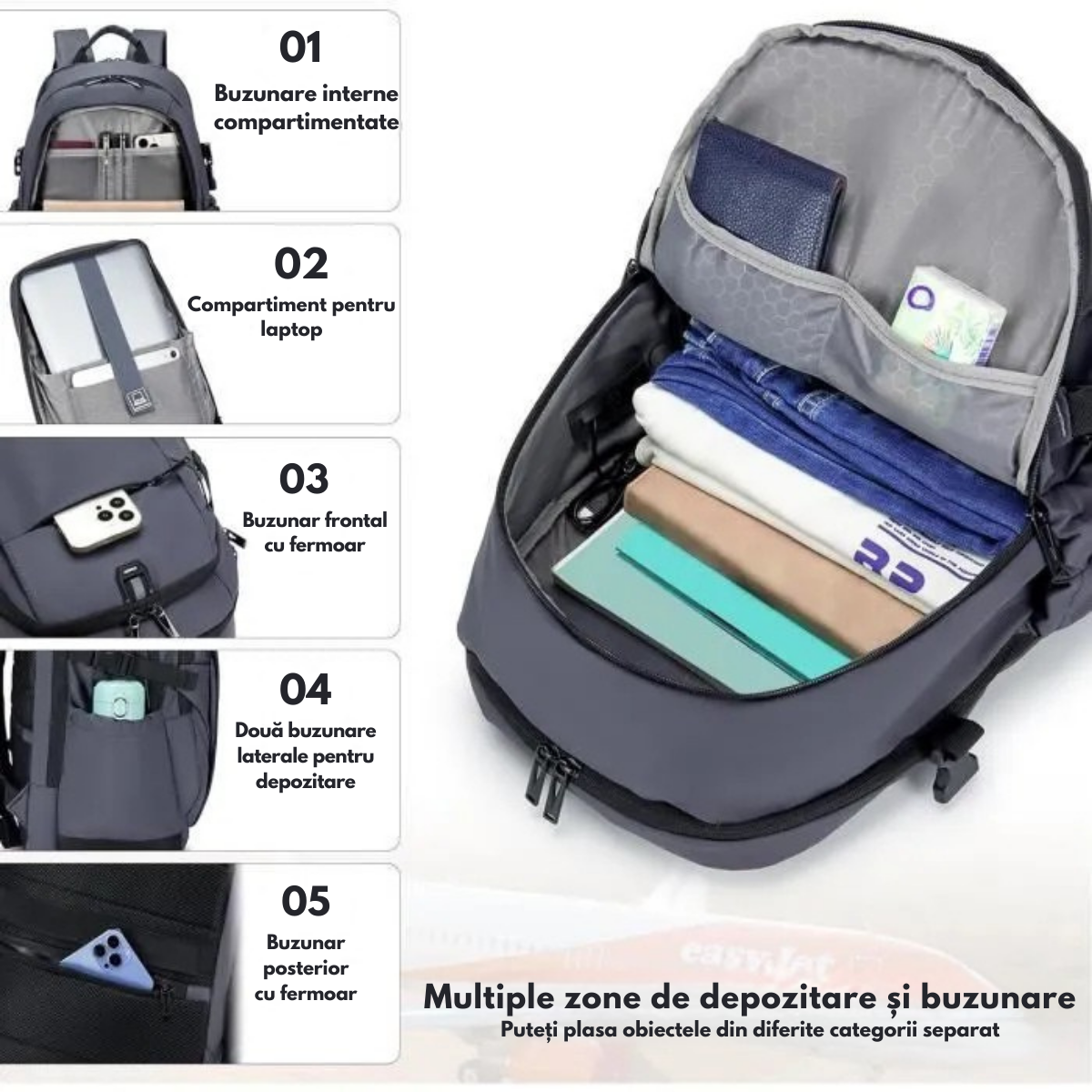 Rucsac Laptop 17 Inch, Multifunctional - Smart Business, Rezistent la apa, pentru Calatorie - Compatibil Cabina Avion, Ghiozdan cu port de incarcare USB VisionHub®, Buzunare multiple, Capacitate mare, 46x30x23 CM, Gri