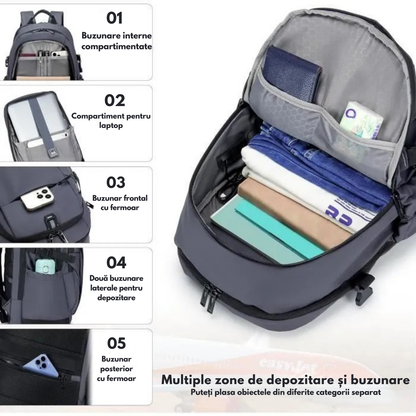 Rucsac Laptop 17 Inch, Multifunctional - Smart Business, Rezistent la apa, pentru Calatorie - Compatibil Cabina Avion, Ghiozdan cu port de incarcare USB VisionHub®, Buzunare multiple, Capacitate mare, 46x30x23 CM, Gri