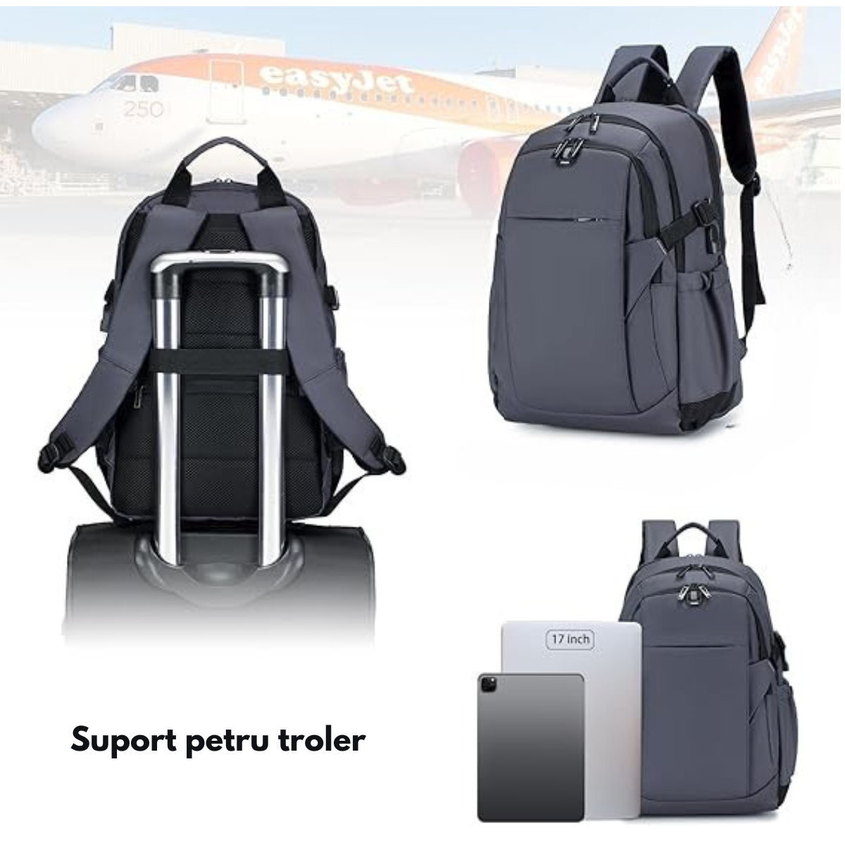 Rucsac Laptop 17 Inch, Multifunctional - Smart Business, Rezistent la apa, pentru Calatorie - Compatibil Cabina Avion, Ghiozdan cu port de incarcare USB VisionHub®, Buzunare multiple, Capacitate mare, 46x30x23 CM, Gri