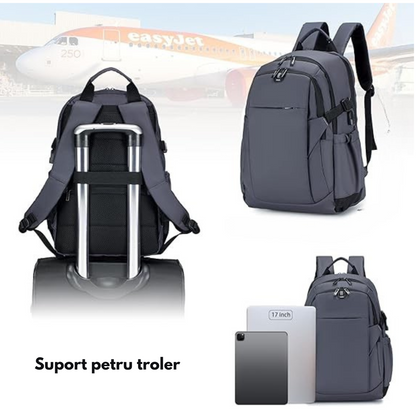 Rucsac Laptop 17 Inch, Multifunctional - Smart Business, Rezistent la apa, pentru Calatorie - Compatibil Cabina Avion, Ghiozdan cu port de incarcare USB VisionHub®, Buzunare multiple, Capacitate mare, 46x30x23 CM, Gri