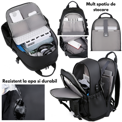 Rucsac Laptop 17 Inch, Multifunctional - Smart Business, Rezistent la apa, pentru Calatorie - Compatibil Cabina Avion, Ghiozdan cu port de incarcare USB VisionHub®, Buzunare multiple, Capacitate mare, 46x30x23 CM, Gri