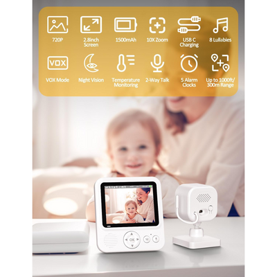 Baby Monitor Digital si Camera Audio-Video Wireless Pentru Supraveghere Bebe, baterie1500mAh, Ecran IPS 2.8” cu Night Vision, Notificari Sunete, Temperatura, Plans, Hranire, 8 Cantece, Unghi Camera 60°, Raza actiune 300m
