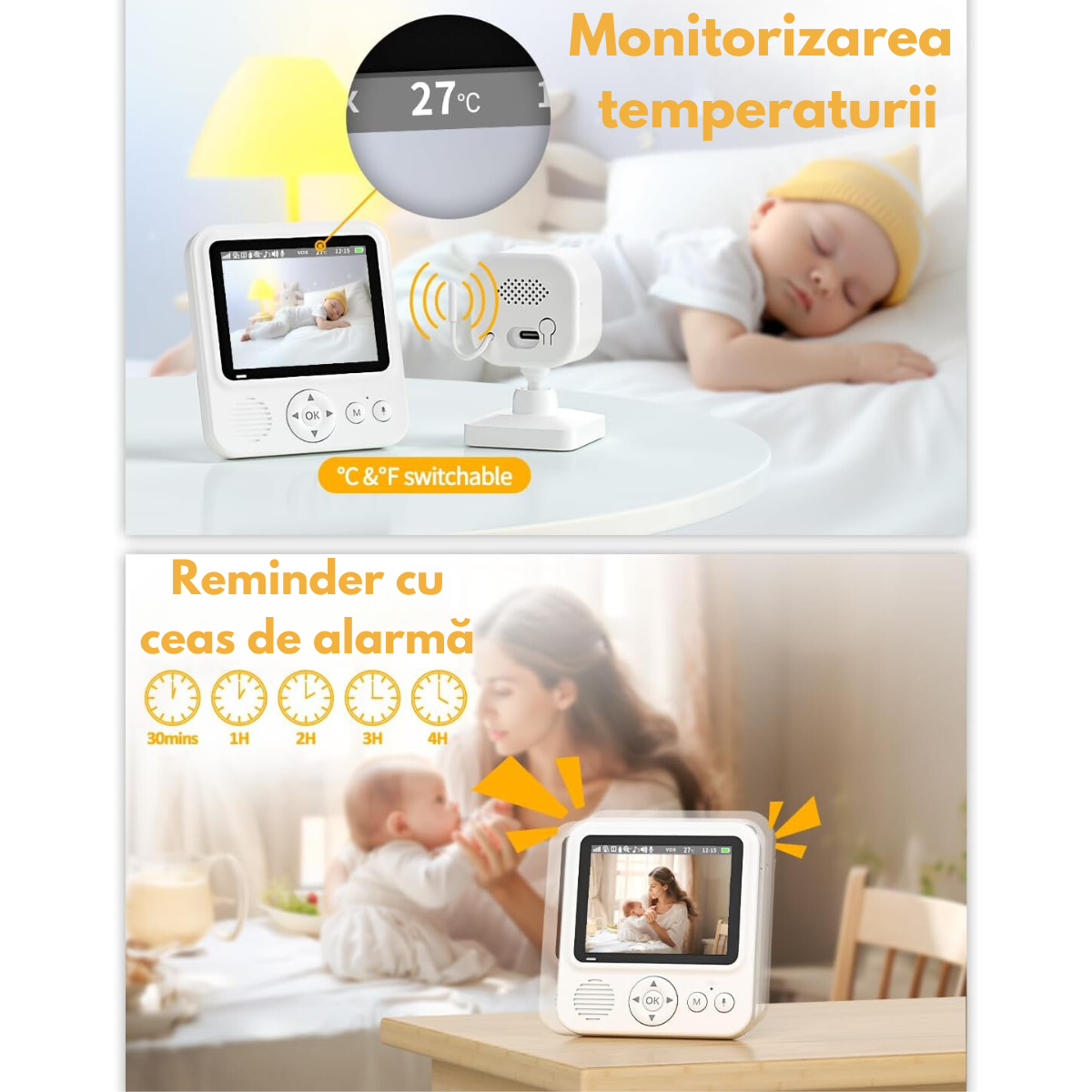 Baby Monitor Digital si Camera Audio-Video Wireless Pentru Supraveghere Bebe, baterie1500mAh, Ecran IPS 2.8” cu Night Vision, Notificari Sunete, Temperatura, Plans, Hranire, 8 Cantece, Unghi Camera 60°, Raza actiune 300m
