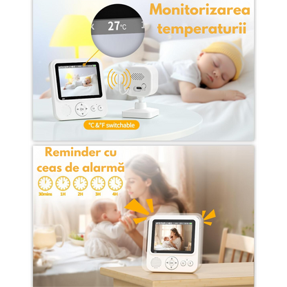 Baby Monitor Digital si Camera Audio-Video Wireless Pentru Supraveghere Bebe, baterie1500mAh, Ecran IPS 2.8” cu Night Vision, Notificari Sunete, Temperatura, Plans, Hranire, 8 Cantece, Unghi Camera 60°, Raza actiune 300m