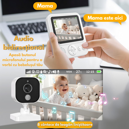 Baby Monitor Digital si Camera Audio-Video Wireless Pentru Supraveghere Bebe, baterie1500mAh, Ecran IPS 2.8” cu Night Vision, Notificari Sunete, Temperatura, Plans, Hranire, 8 Cantece, Unghi Camera 60°, Raza actiune 300m