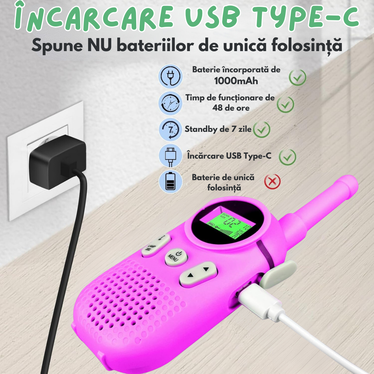 Set 2 statii Walkie Talkie pentru copii, cu Raza Lunga de Actiune, functia Vox, Varsta Recomandata +3 ani, Sunet clar, Statie radio VisionHub® pentru camping, drumetii, excursii, Roz