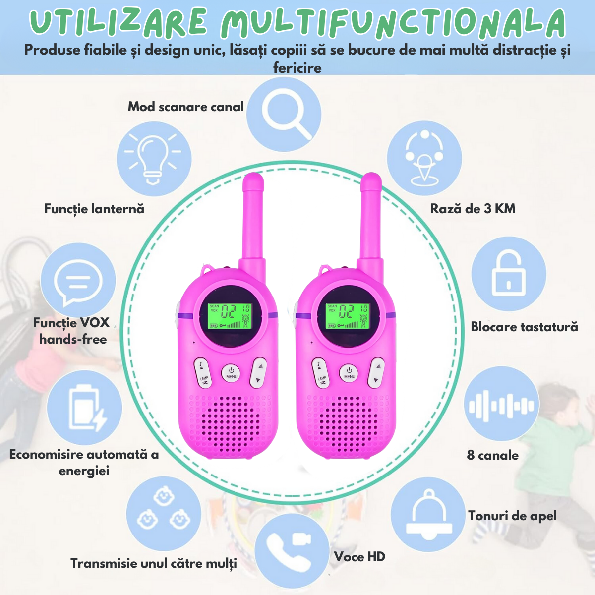 Set 2 statii Walkie Talkie pentru copii, cu Raza Lunga de Actiune, functia Vox, Varsta Recomandata +3 ani, Sunet clar, Statie radio VisionHub® pentru camping, drumetii, excursii, Roz