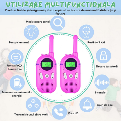 Set 2 statii Walkie Talkie pentru copii, cu Raza Lunga de Actiune, functia Vox, Varsta Recomandata +3 ani, Sunet clar, Statie radio VisionHub® pentru camping, drumetii, excursii, Roz