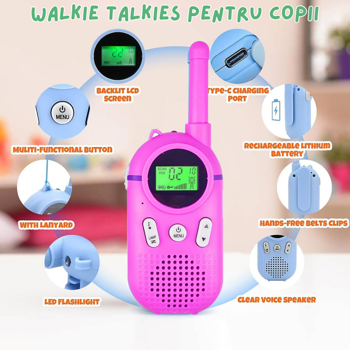 Set 2 statii Walkie Talkie pentru copii, cu Raza Lunga de Actiune, functia Vox, Varsta Recomandata +3 ani, Sunet clar, Statie radio VisionHub® pentru camping, drumetii, excursii, Roz