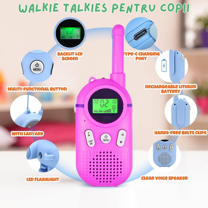 Set 2 statii Walkie Talkie pentru copii, cu Raza Lunga de Actiune, functia Vox, Varsta Recomandata +3 ani, Sunet clar, Statie radio VisionHub® pentru camping, drumetii, excursii, Roz