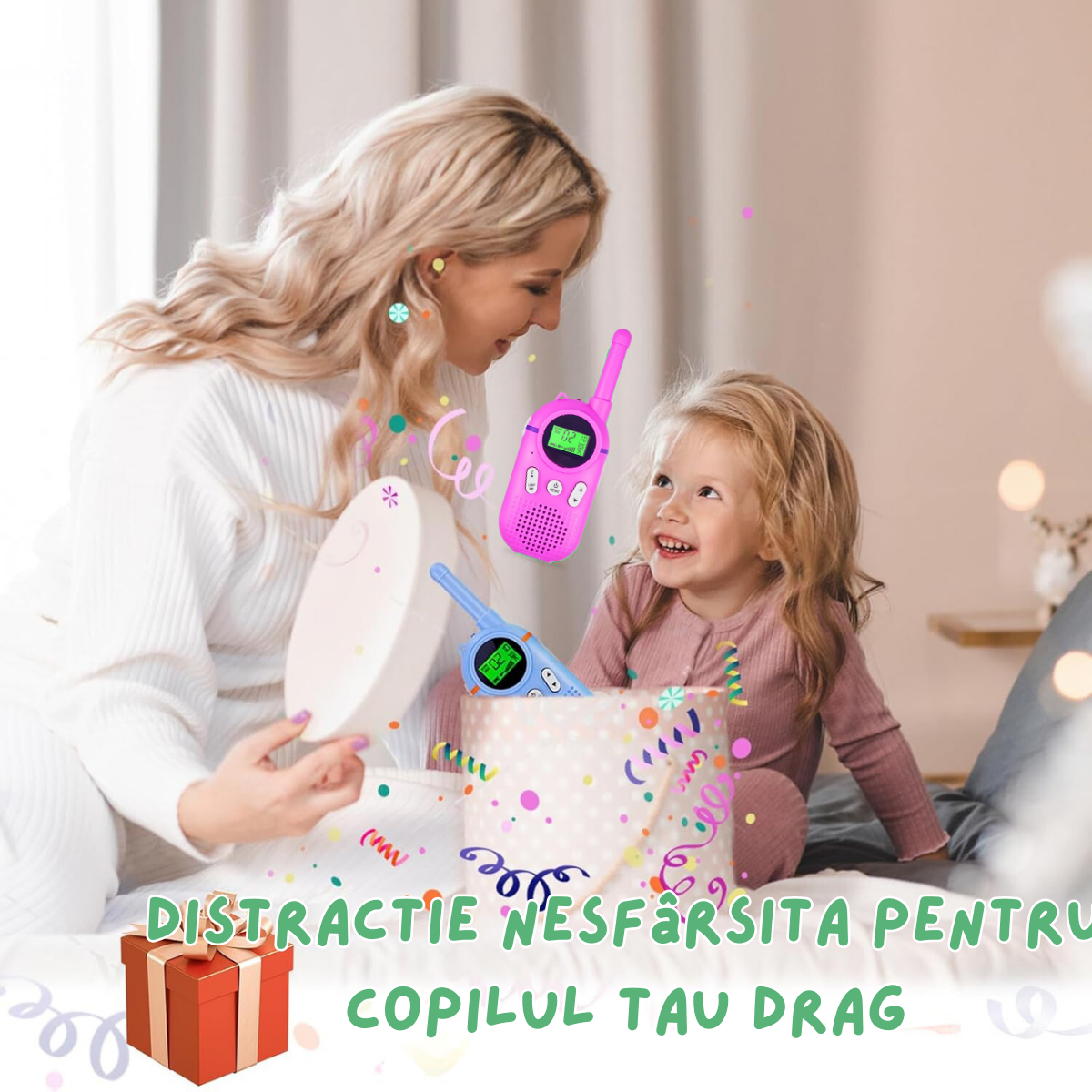 Set 2 statii Walkie Talkie pentru copii, cu Raza Lunga de Actiune, functia Vox, Varsta Recomandata +3 ani, Sunet clar, Statie radio VisionHub® pentru camping, drumetii, excursii, Roz