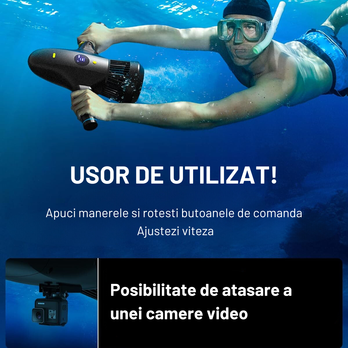 Scuter subacvatic VisionHub®, SEASCOOTER Stermay M1, Suport camera de actiune, Manere detasabile, cu suport pentru Paddleboard/ placi de surf SUP, pentru piscina, scufundari si snorkeling